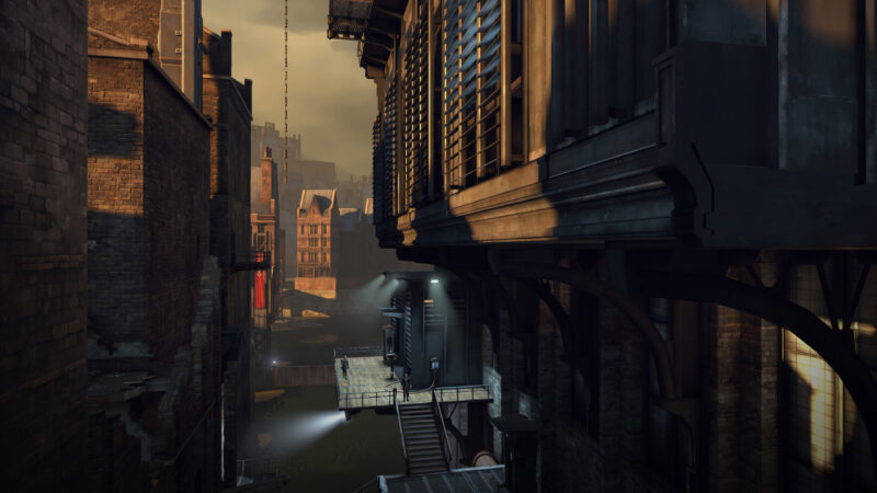 A narrow alleyway features dark, industrial architecture with intricate details, casting shadows as light streams from vents, illuminating the water below amidst a moody atmosphere.