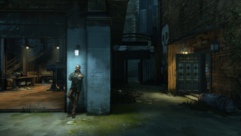 A man leans against a wall in a dimly lit alley, flanked by weathered brick buildings, industrial tools, and scattered debris, with shadows enhancing the scene's moody atmosphere.