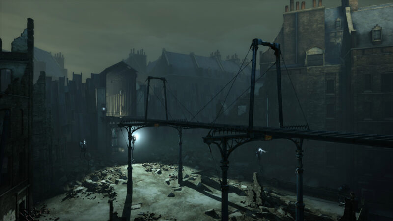 A dark, atmospheric scene featuring a dilapidated bridge connecting crumbling, shadowy buildings, illuminated by faint lights amidst rubble and a desolate ground.