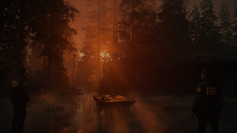 Two figures in FBI jackets stand amidst a misty forest, illuminated by an orange sunset, with silhouettes of trees creating a haunting atmosphere.