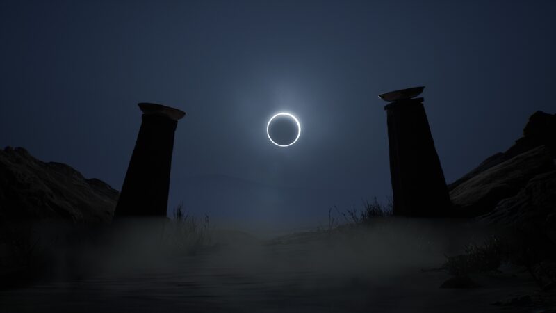 A dark landscape features two ancient stone pillars silhouetted against a total solar eclipse, with a misty terrain and distant mountains in the background.