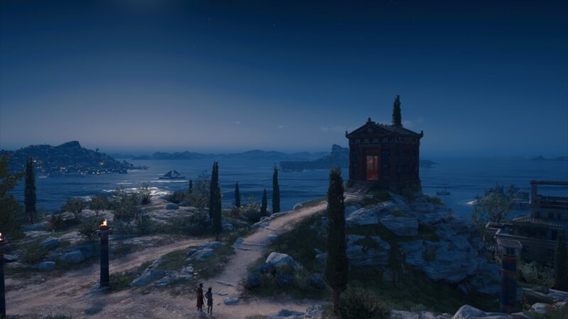 A moonlit coastal scene features a stone temple atop a rocky hill, surrounded by tall cypress trees, with distant islands and a shimmering sea under a starry sky.