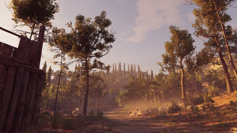 A sunlit path winds through a forest of tall trees and rocky terrain, with soft mist hovering in the warm, golden light of dawn.