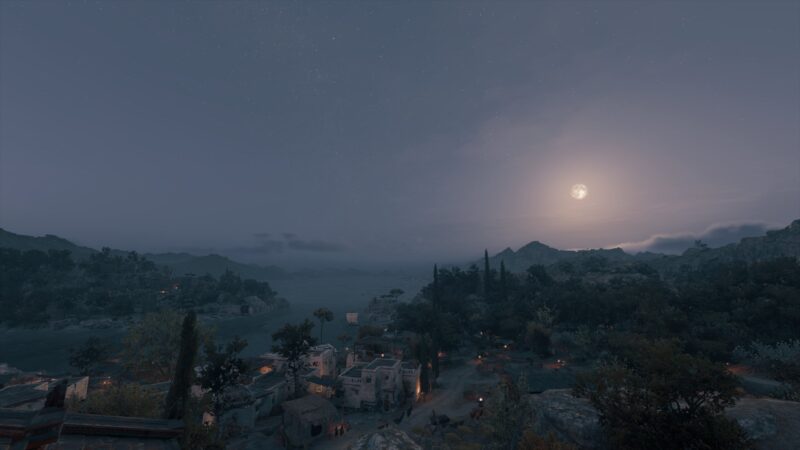 A serene night landscape featuring a moonlit sky, illuminated water, and a quiet village nestled among mountains, with scattered lights from homes reflecting a tranquil atmosphere.