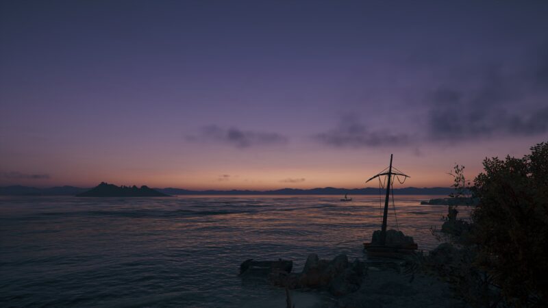 A tranquil seascape at dusk, featuring calm waters reflecting purples and oranges of the sky, with a small boat in the distance and a wooden mast on the rocky shoreline.