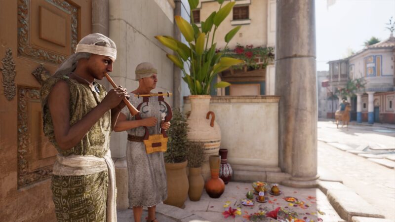 Two musicians play instruments near a vibrant courtyard filled with potted plants, decorative offerings, and sunlight streaming through tall buildings, creating a lively and authentic ancient atmosphere.