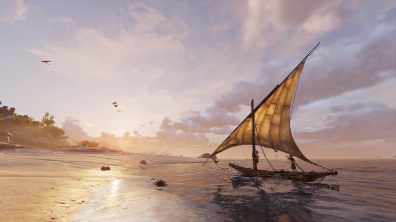 A small sailboat with a single sail glides across a tranquil beach at sunset, with soft clouds and birds flying in the warm, golden sky.