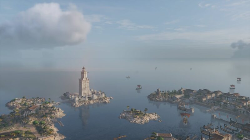 A serene coastal landscape features a towering lighthouse on an island, surrounded by calm waters, small boats, and lush greenery under a clear sky with scattered clouds.