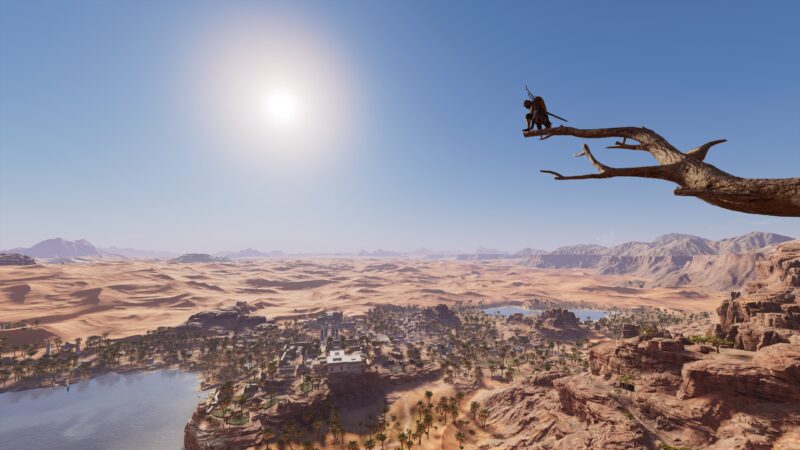 A character sits on a branch overlooking a vast desert landscape, with sand dunes, a distant city, and a shimmering body of water under a bright, clear sky.