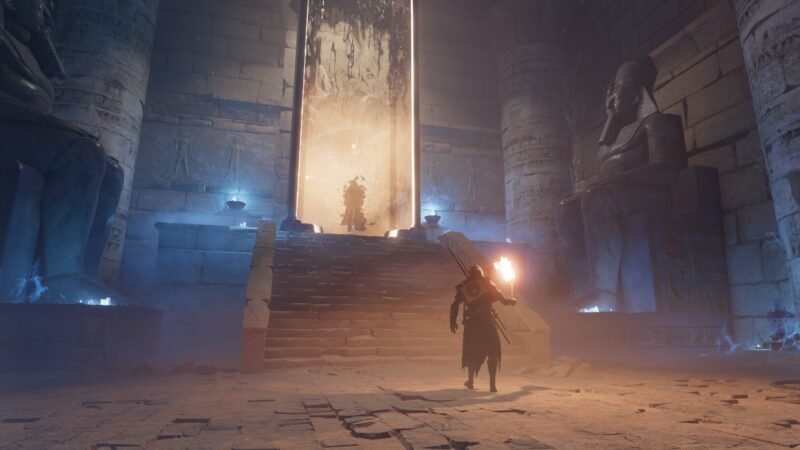 A figure holding a torch stands at the foot of grand stone steps, illuminated by a glowing, ethereal portal, within an ancient, dimly lit temple adorned with large statues.