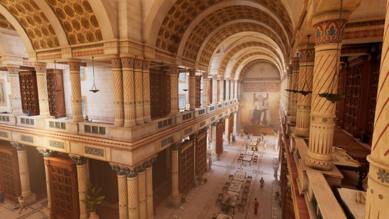 A grand, ancient Egyptian hall features tall, ornate columns, intricate ceiling patterns, and a large mural, with scattered furniture and figures moving through the spacious interior.