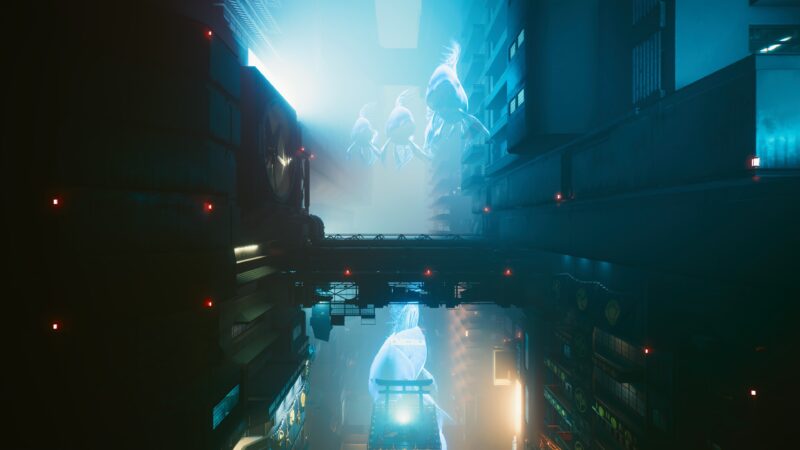 A futuristic urban landscape with towering buildings, neon lights, and holographic projections, shrouded in fog, creating a vibrant yet mysterious atmosphere.