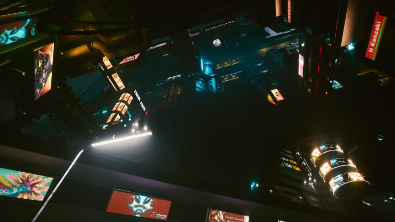 A dark urban setting filled with towering buildings, neon advertisements, and illuminated signs, showcasing a vibrant yet moody cyberpunk atmosphere from a low upward perspective.
