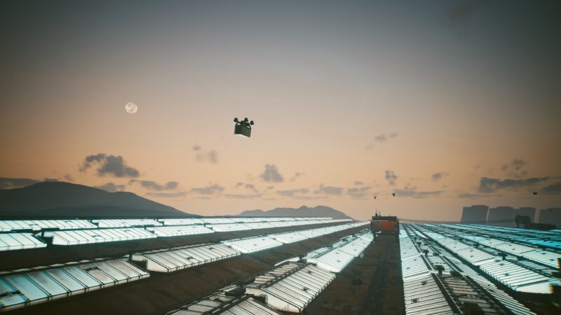 A futuristic landscape features vast rows of illuminated greenhouses under a dusky sky, with a small flying vehicle hovering above and a large moon visible in the background.