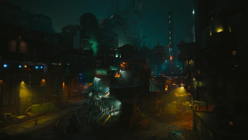 A dimly lit, futuristic urban settlement with neon lights, towering structures, smoke-emitting chimneys, and scattered debris creates an atmospheric cyberpunk environment.