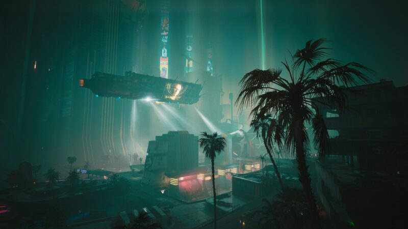 A futuristic cityscape features a massive hovering ship above illuminated neon buildings and palm trees, shrouded in mist and vibrant light beams cutting through a dark, atmospheric sky.
