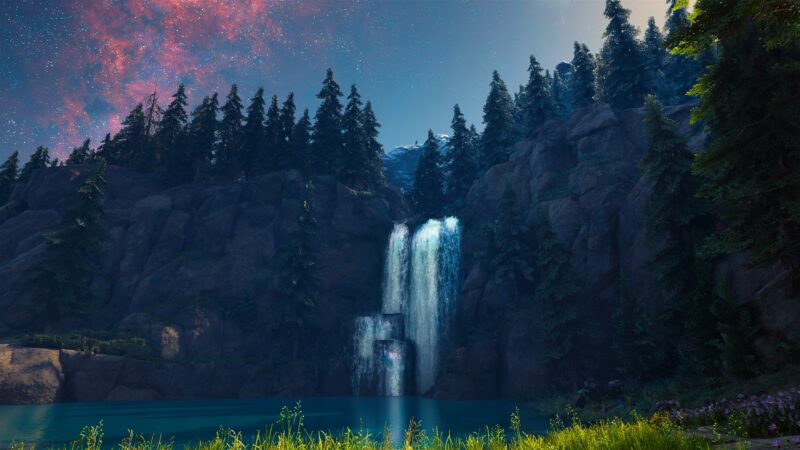 A serene waterfall cascades down rocky cliffs surrounded by lush evergreen trees, reflecting in a tranquil lake under a starry sky.