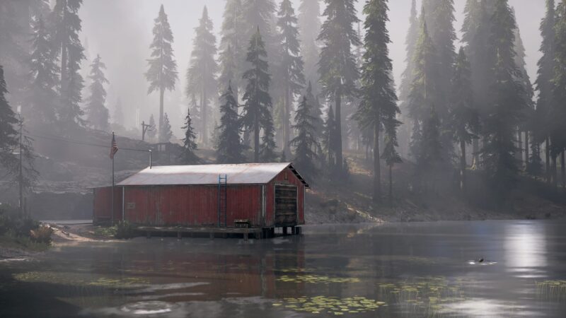 A red barn sits on stilts by a misty lake, surrounded by tall pine trees and a tranquil, foggy atmosphere, with lily pads floating on the water's surface.