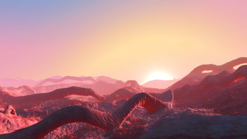 A surreal landscape features winding, textured formations under a gradient sky transitioning from pink to orange as the sun rises in the distance.