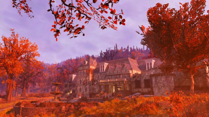 A grand stone building sits amidst vibrant autumn foliage, with red and orange leaves framing the scene and a serene fountain visible in the foreground.