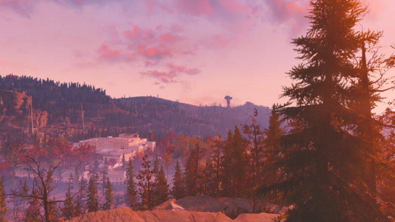 A serene landscape features a pastel sky at sunset, rolling hills with dense forests, and a distant structure resembling a tower, creating a tranquil post-apocalyptic atmosphere.