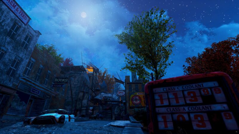 A desolate urban scene under a bright moon, featuring an abandoned vehicle, overgrown foliage, crumbling buildings, and a weathered gas station sign displaying coolant classes and prices.