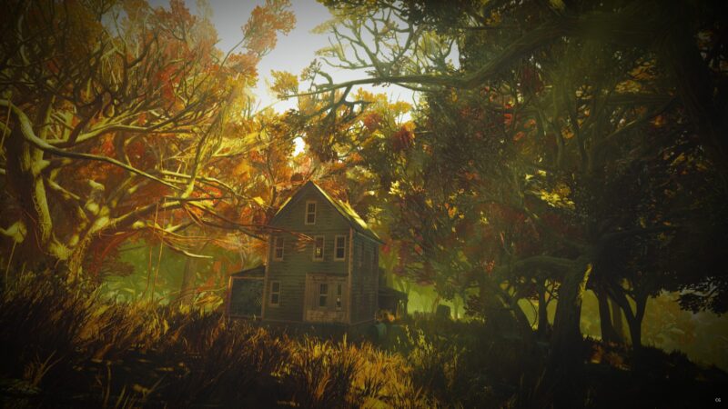 A dilapidated, two-storey wooden house sits amid vibrant autumn foliage, with sun rays filtering through twisted trees, creating a warm, inviting atmosphere in a lush forest setting.