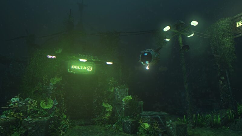 A submerged, overgrown facility features a glowing "DELTA" sign, surrounded by aquatic plants and cluttered remnants, with a robotic submersible floating nearby in dark waters.