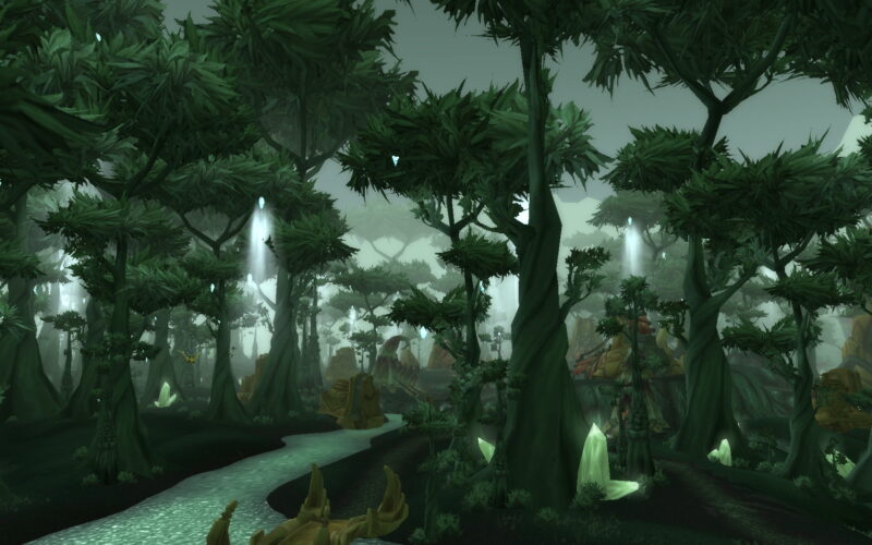 A dense, misty forest filled with tall, twisted trees, glowing crystals, and a winding river, creating an otherworldly atmosphere illuminated by soft, ethereal light.