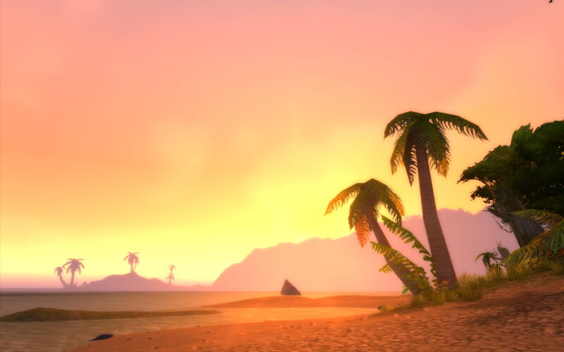 A tranquil beach at sunset, with palm trees silhouetted against a vibrant pink and orange sky, and distant mountains outlined on the horizon.