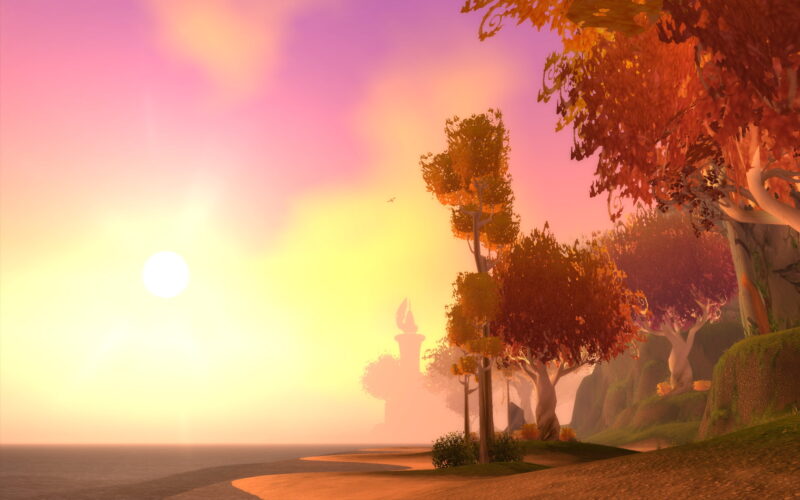 A tranquil beach scene at sunset, featuring vibrant autumn trees silhouetted against a purple and orange sky, with a calm sea gently lapping at the shore.