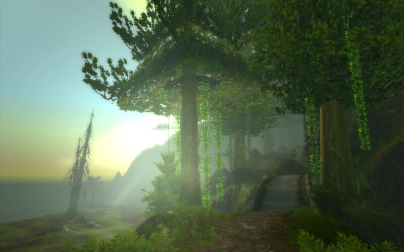 A serene landscape featuring towering trees draped with vines, soft light filtering through fog, and a winding path leading towards a distant shore.