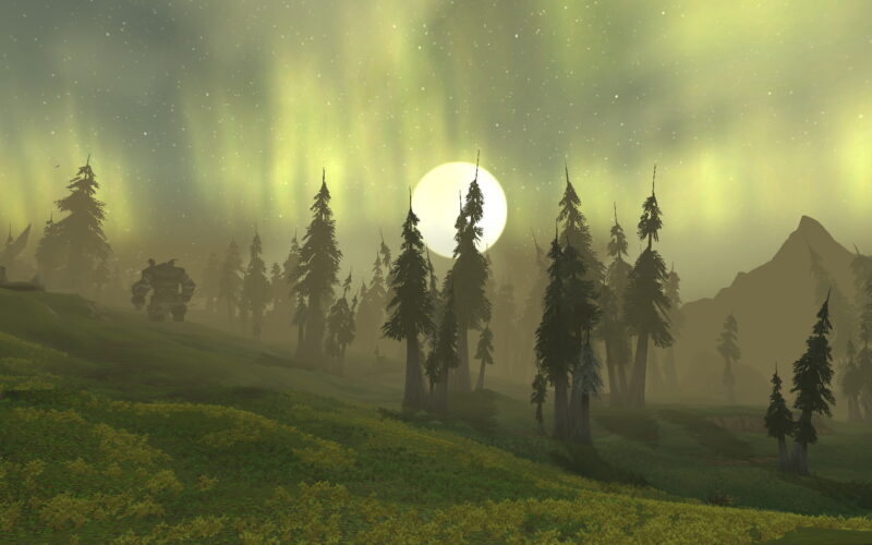 A misty landscape features tall, dark pine trees under a pale moon, illuminated by a greenish aurora in a hazy sky.