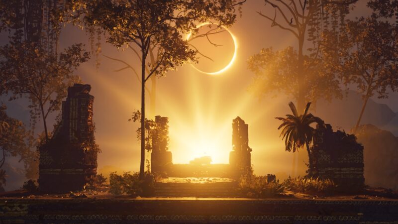 A vibrant sunset breaks through ancient stone ruins, with rays of light illuminating lush foliage and a palm tree, while a solar eclipse casts a dramatic shadow over the scene.