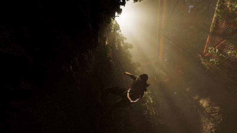 A climber descends a rocky cliff in a sunlit, overgrown environment, with beams of light filtering through foliage and a sense of depth created by the surrounding shadows.