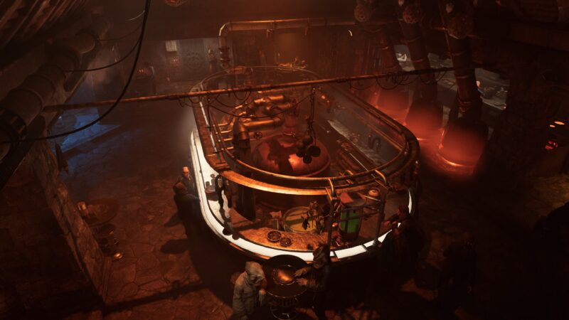 A dimly lit bar scene features a curved counter with various utensils and drinks, surrounded by patrons, industrial pipes overhead, and glowing atmospheric effects in a gritty, stone environment.