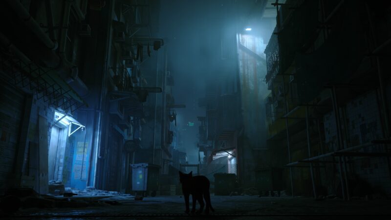A dark, narrow alleyway illuminated by blue light and fog, featuring a silhouette of a black cat among scattered debris and urban structures.
