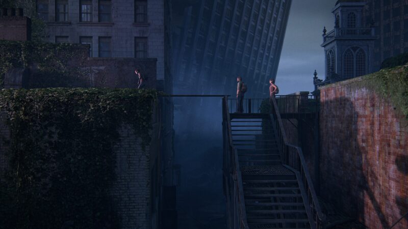 A dimly lit urban environment features two figures on a staircase, an overgrown bridge connecting to a nearby building, and an imposing, tilted structure in the background.