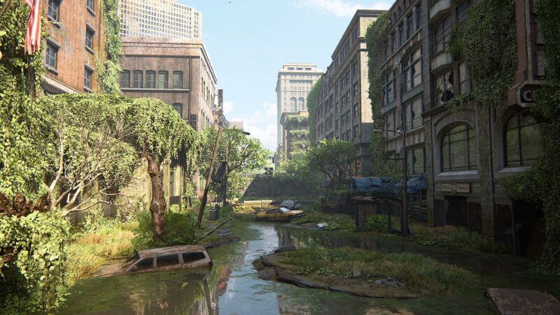 An overgrown urban street with dilapidated buildings, lush greenery, and a flooded area featuring abandoned cars, bathed in bright daylight, evokes a post-apocalyptic atmosphere.