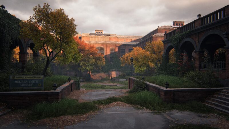 Overgrown pathways lead to a large, ivy-covered library building surrounded by vibrant autumn foliage and soft, moody lighting beneath a cloudy sky.