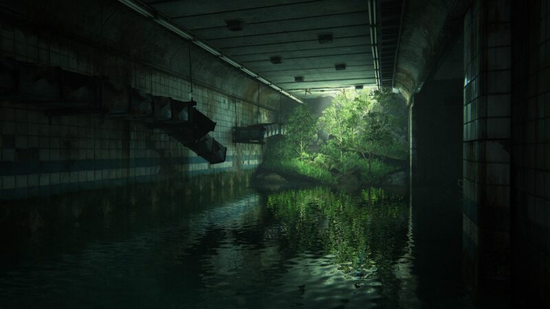 A dimly lit, abandoned underground tunnel filled with still water reflects lush greenery spilling in through an opening, surrounded by decaying concrete walls and remnants of structural supports.