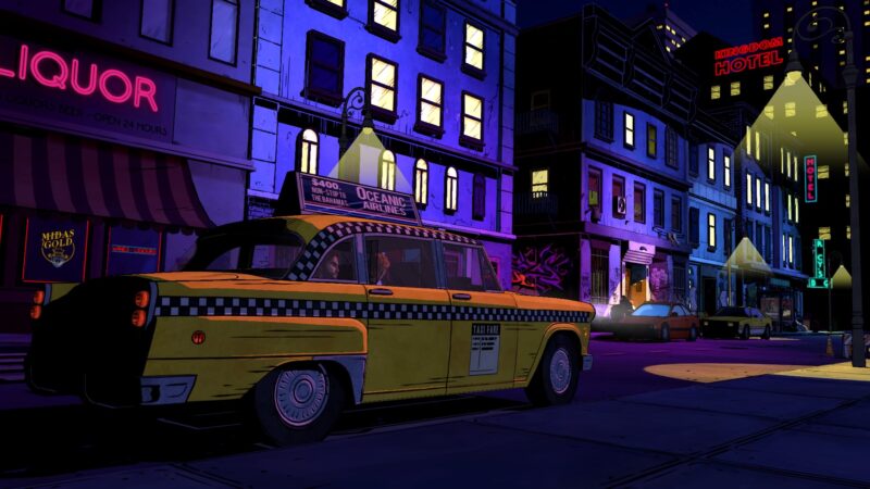 A yellow taxi sits on a dimly lit street at night, surrounded by illuminated storefronts and a hotel, with a vibrant urban atmosphere.
