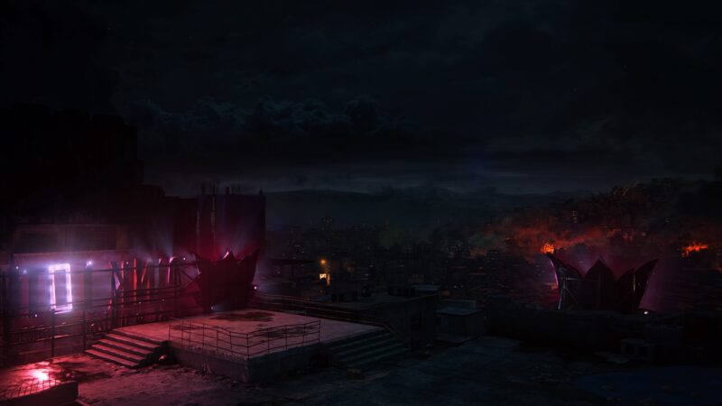 The rooftop scene features dramatic, illuminated structures with pink and purple lighting against a dark, cloud-filled sky, highlighting a distant cityscape and fiery hues from the horizon.