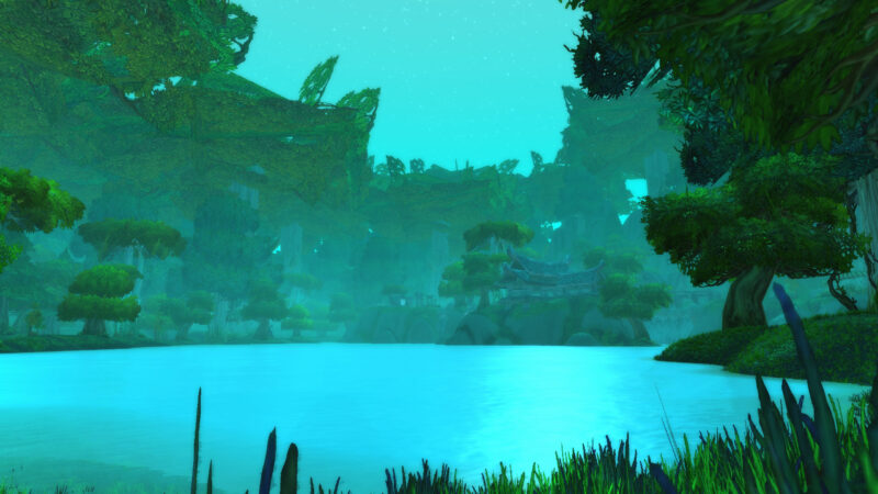 Serene landscape featuring a tranquil blue lake surrounded by lush, green foliage and trees, with a misty, ethereal atmosphere under a starry sky.