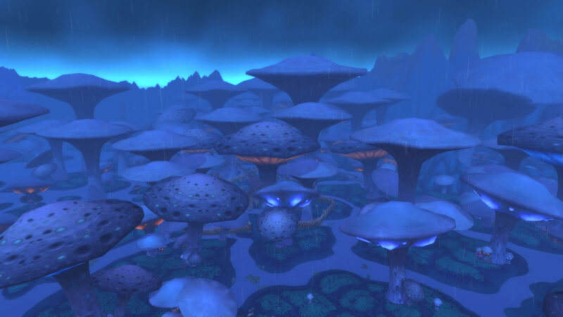 A mystical landscape filled with large, glowing mushrooms under a dark, rainy sky, surrounded by varied terrain and a moody atmosphere.