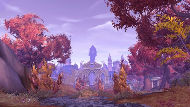 A serene landscape featuring vibrant autumn foliage, winding pathways, and a distant majestic building set against a soft purple sky, creating a tranquil and enchanting atmosphere.
