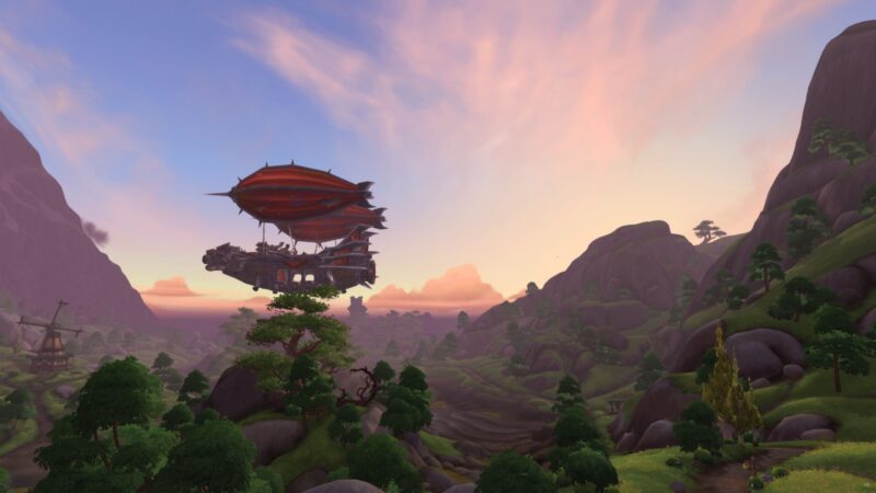 A floating airship hovers above a lush, mountainous landscape during a tranquil sunset, with vibrant clouds and scattered trees creating a serene atmosphere.