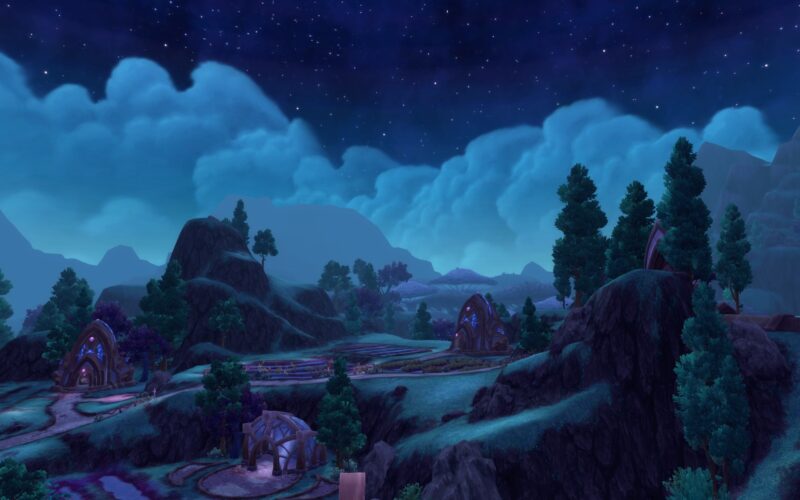 A serene night landscape features rolling hills, dark rocky formations, and illuminated structures, set against a vibrant starry sky and soft, ethereal cloud formations.