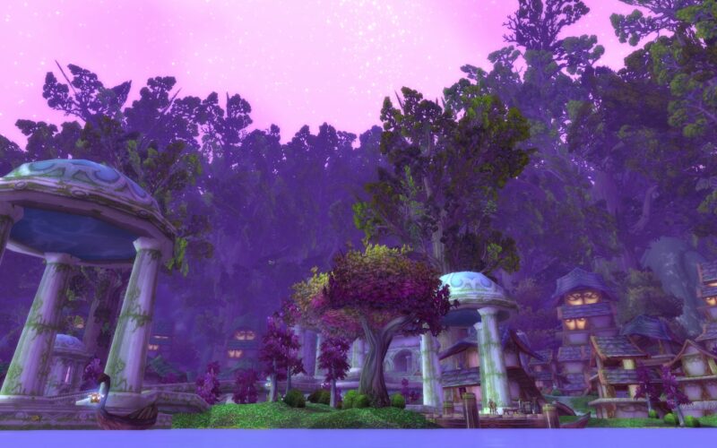A serene landscape features majestic trees, ornate blue domes, and quaint buildings, all illuminated under a soft purple sky dotted with shining stars.