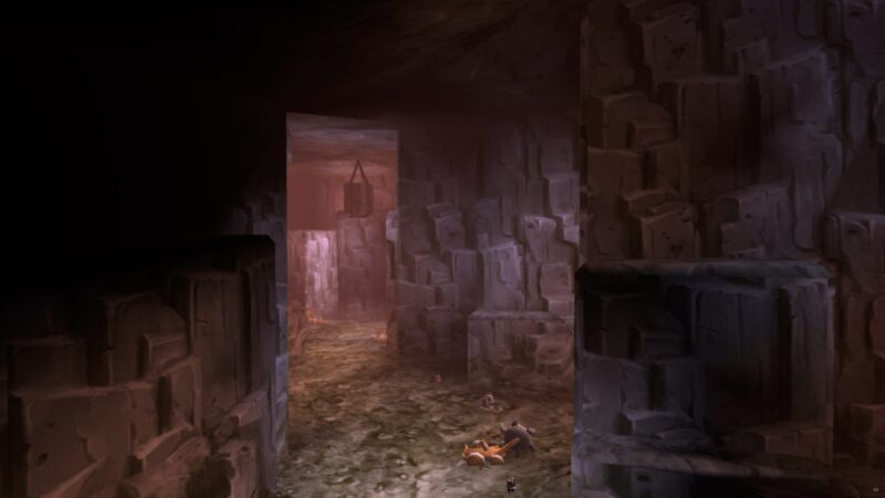 A dimly lit underground corridor features rough stone walls, scattered debris, and a hanging lantern, creating a mysterious and foreboding atmosphere.